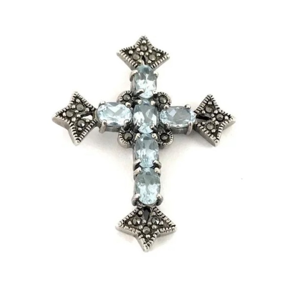 Sterling Silver 925 Aquamarine Marcasite Vintage Cross Pendant - Picture 2 of 5